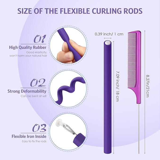 Syhood 30 Pcs 7'' Flexible Curling Rods Twist Foam Hair Rollers Soft Foam No Heat Hair Rods Rollers and 1 Steel Pintail Comb Rat Tail Comb for Women Long Short Hair(Purple,7 x 0.39 Inch)-Velvo Beauty