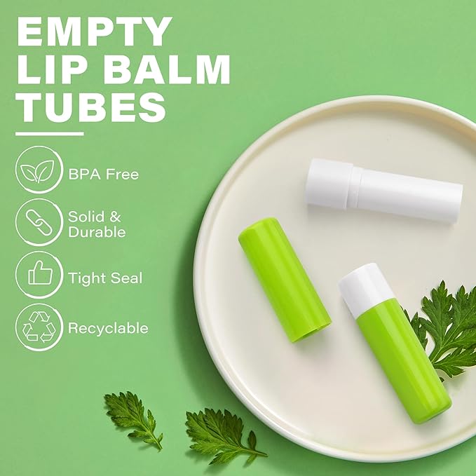 LotFancy Lip Balm Tubes Empty, 28Pcs 4.5ml Lip Balm Container Tubes with Green Caps, BPA Free & Leak Free, Refillable-Velvo Beauty