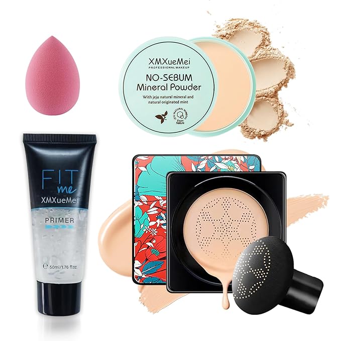 Air Cushion CC Cream Mushroom Head Foundation,Waterproof Long Lasting Loose Setting Powder,Moisturizing BB Cream Liquid Foundation Makeup Primer Concealer Base with Makeup Sponge（4PCS）-Velvo Beauty