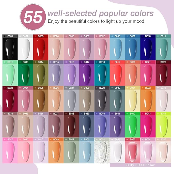 JODSONE Gel Nail Polish Kit 60 PCS with U V Light Soak off Base Top Coat 55 Shine Colors Gel Nail Kit Bright and Dark Brown Wine Red Series Manicure Set for Women and Girls-Velvo Beauty