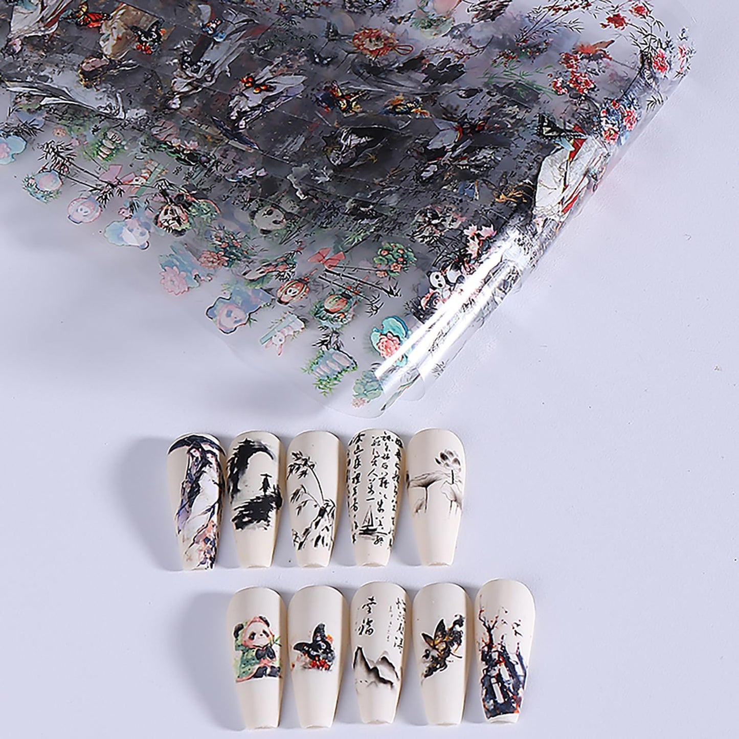 10 Rolls Nail Foils Transfer Nail Art, Chinese Style Nail Foil Transfer Stickers Self Adhesive Nail Art Supplies Decals Cute Panda Manicure Accessories Fall Winter Nail Decorations for Women-Velvo Beauty