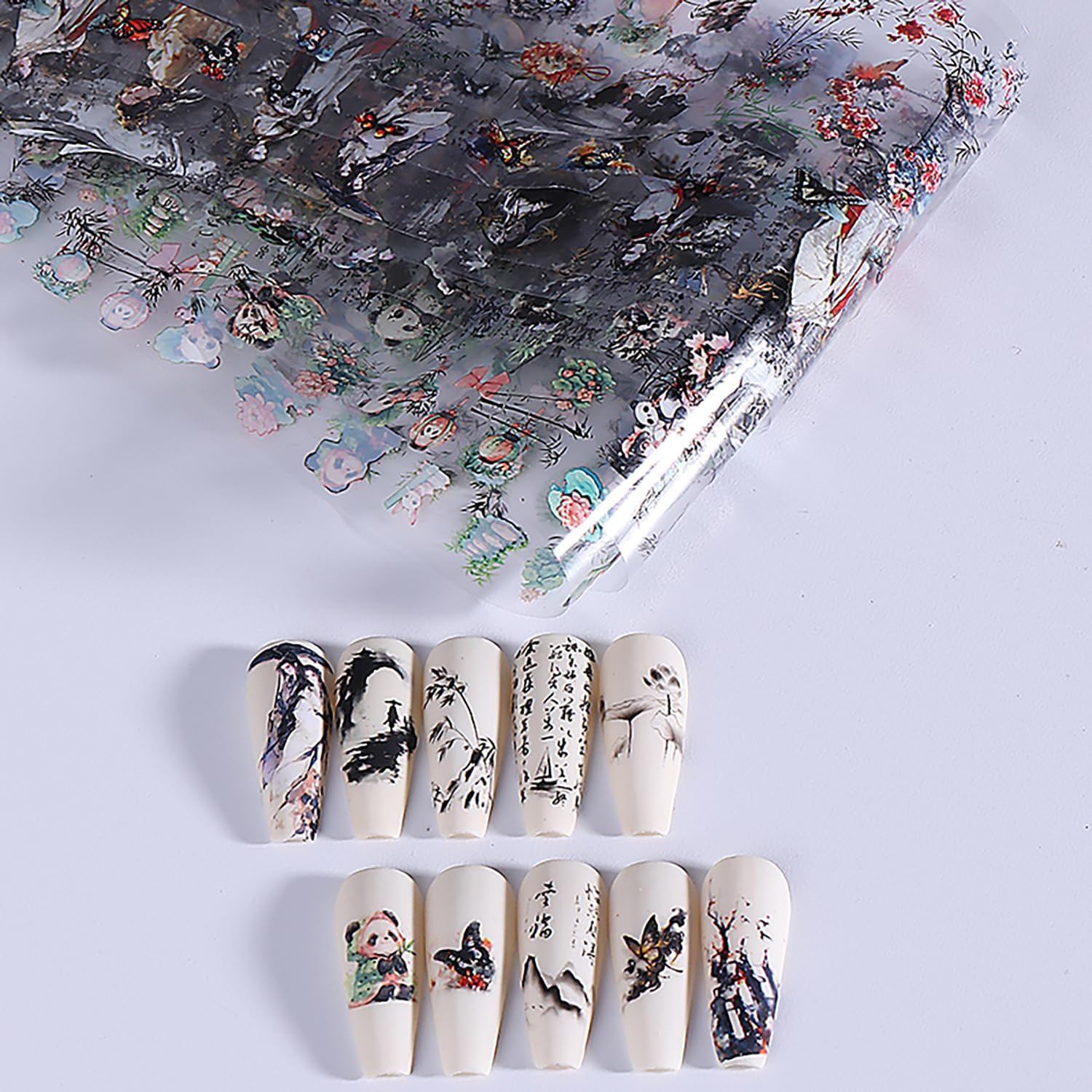 10 Rolls Nail Foils Transfer Nail Art, Chinese Style Nail Foil Transfer Stickers Self Adhesive Nail Art Supplies Decals Cute Panda Manicure Accessories Fall Winter Nail Decorations for Women-Velvo Beauty