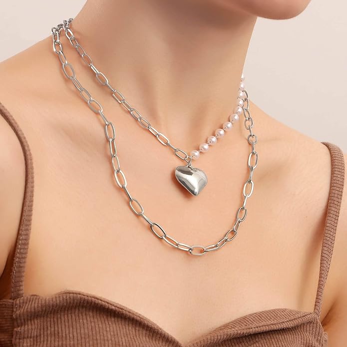 Boho Layered Pearl Choker Necklace Chain Vintage Gold Heart Pendant Cuban Chain Necklace Rock Statement Pearl Heart Necklace Asymmetrical Pearl Strand Necklace Jewelry for Women and Girls-Velvo Beauty