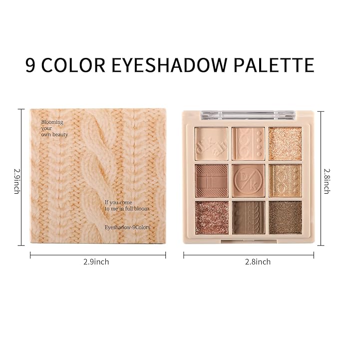 Erinde 9 Colors Eyeshadow Palette, Matte Shimmer Glitter Eye Shadow Makeup Palette, Highly Pigmented Long Lasting Waterproof, Natural Neutral Nude Eyeshadow Makeup Pallet, Cashmere-Velvo Beauty