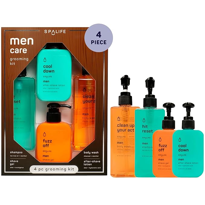 SpaLife Men's Hair & Body Care 4-Piece Set – Body Wash, Shave Gel, After-Shave Gel, Shampoo – Men's Skincare – After-Shave Lotion for Men – Gift Set – Gifts for Men – Gifts for Guys-Velvo Beauty
