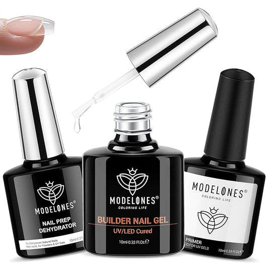 modelones Nail Dehydrator and Primer & Builder Nail Gel, 3Pcs Prep Dehydrate & Bond Primer Clear Gel Builder Polish Base Coat for Strengthener Apex Building, LED Lamp Cured 10ml Home DIY Salon-Velvo Beauty