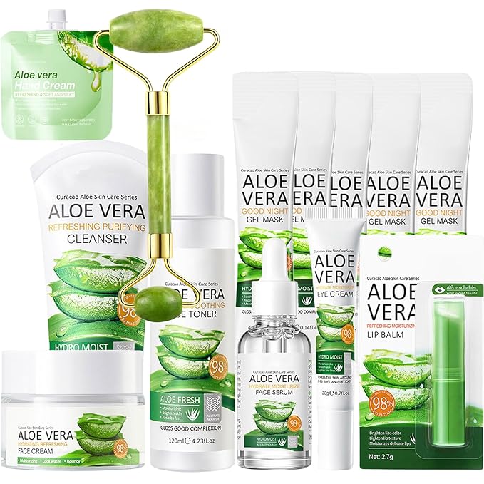 13Pcs Skin Care Products Set, Aloe Vera Skin Care Sets, Skin Care Gift Set for Women Girls, Skincare Routine Set, Face Care Kit for Dry Skin, Hydrating Moisturizer, Cleanser, Face Massage Roller-Velvo Beauty
