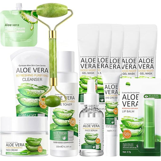 13Pcs Skin Care Products Set, Aloe Vera Skin Care Sets, Skin Care Gift Set for Women Girls, Skincare Routine Set, Face Care Kit for Dry Skin, Hydrating Moisturizer, Cleanser, Face Massage Roller-Velvo Beauty