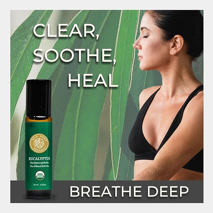 Silk Road Organic Eucalyptus Essential Oil Roll On, 100% Pure USDA Certified - Respiratory Health, Colds, Cough, Sinus & Allergy Congestion - 10 ml Roller - Always Pure, Always Organic-Velvo Beauty