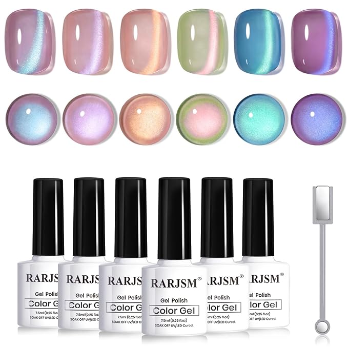 RARJSM Aurora Mermaid Cat Eye Gel Nail Polish Set 6pcs Reflective Pink Purple Green Blue Diamond Ceramic Glitter Glass Cateye Gelpolish with Magnet Stick 7.5ml Curing Requires Soak Off for Home Salon-Velvo Beauty