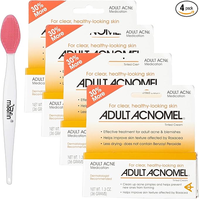 Adult Acnomel Acne Medication Tinted Cream 13 Oz - Acne Spot Treatment Cream Anti Pimple Cream for Men and Women, Clears Breakouts, Soothes Sensitive Skin Nose Cleaning Brush [Pack of 4-Velvo Beauty