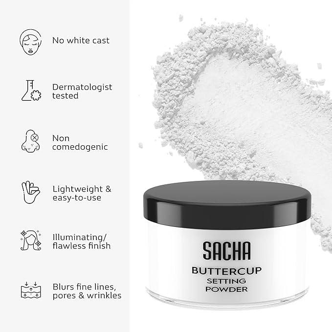 Sacha BUTTERCUP No Color Setting Powder Makeup 1.75 Oz. Translucent Setting Powder for Oily Skin Finishing Powder Loose Powder Makeup Blurring Powder Blurs Fine Lines and Pores For All Skin Tones-Velvo Beauty