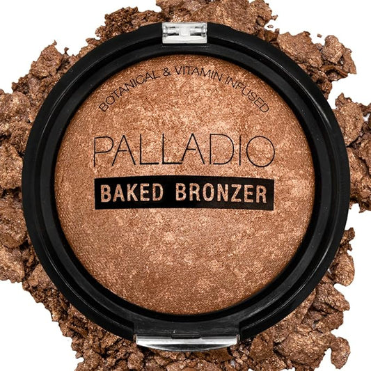 Palladio Baked Bronzer, Highly Pigmented and Easy to Blend, Shimmery Bronzed Glow, Use Dry or Wet, Lasts all day long, Provides Rich Tanning Color Finish, Powder Compact, Illuminating Tan-Velvo Beauty