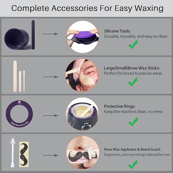 BLITZWAX Back and Nose Waxing Kit for Men, Hard Wax Warmer for Brazilian, Body and Face, At Home Hair Removal Kit, Beginner Friendly, Quick Heating, 93 Accessories, Charcoal Grey-Velvo Beauty