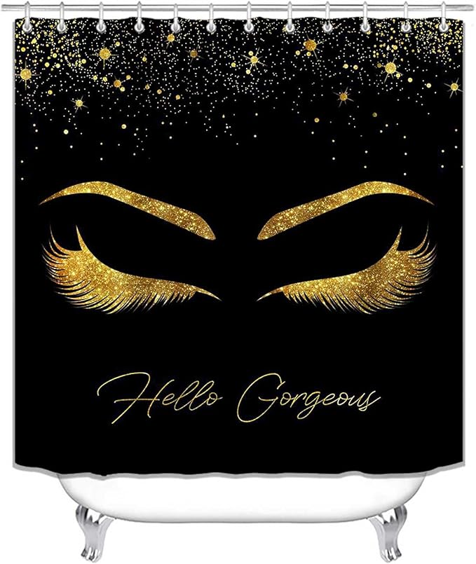 4PCS Unicorn Eyelash Shower Curtain Set, Luxury Gold Glitter Eyebrow Makeup Confetti Hello Gorgeous Glam Modern Fashion Black Women Bathroom Decor, Non-slip Bath Mat Toilet Rug, Gold Eyelash-Velvo Beauty