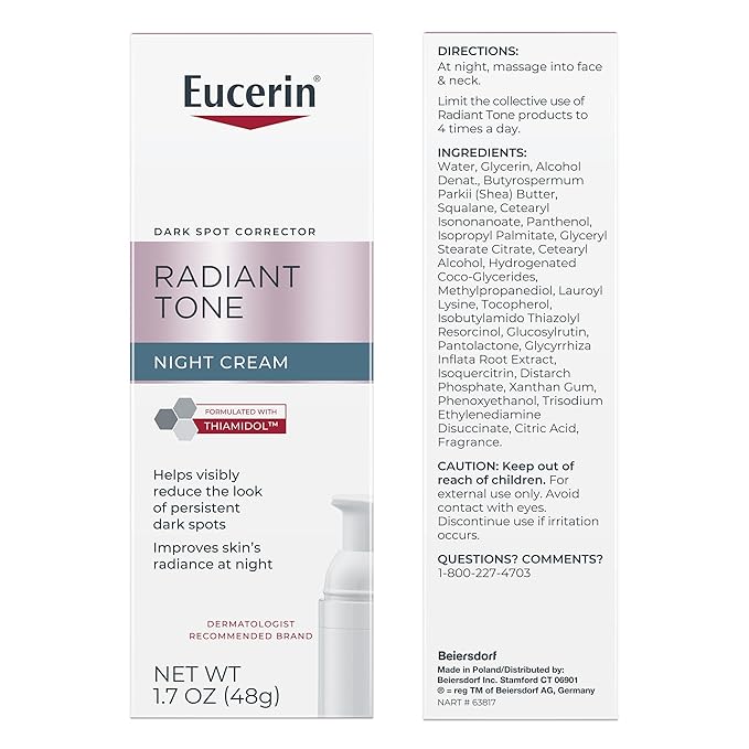 Eucerin Radiant Tone Night Cream, Dark Spot Corrector with Thiamidol, Night Moisturizer for Face Helps Visibly Reduce the Look of Persistent Dark Spots, All Skin Types, 1.7 Oz Bottle-Velvo Beauty