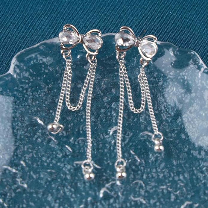Vintage Crystal Bow Earrings Rhinestone Chain Drop Earrings Silver Long Chain Dangle Earrings Long Tassel Chain Earrings Jewelry for Women-Velvo Beauty
