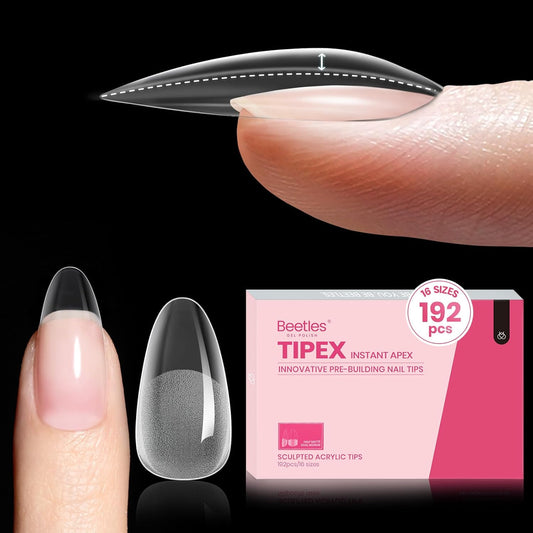 Beetles Tipex Instant Apex Nail Tips, Medium Oval Almond Acrylic Nails 192 Pcs Pre-Building Pre-Etched Thicker Gel Nail Tips - 16 Sizes Strong Full Cover False Nail-Velvo Beauty