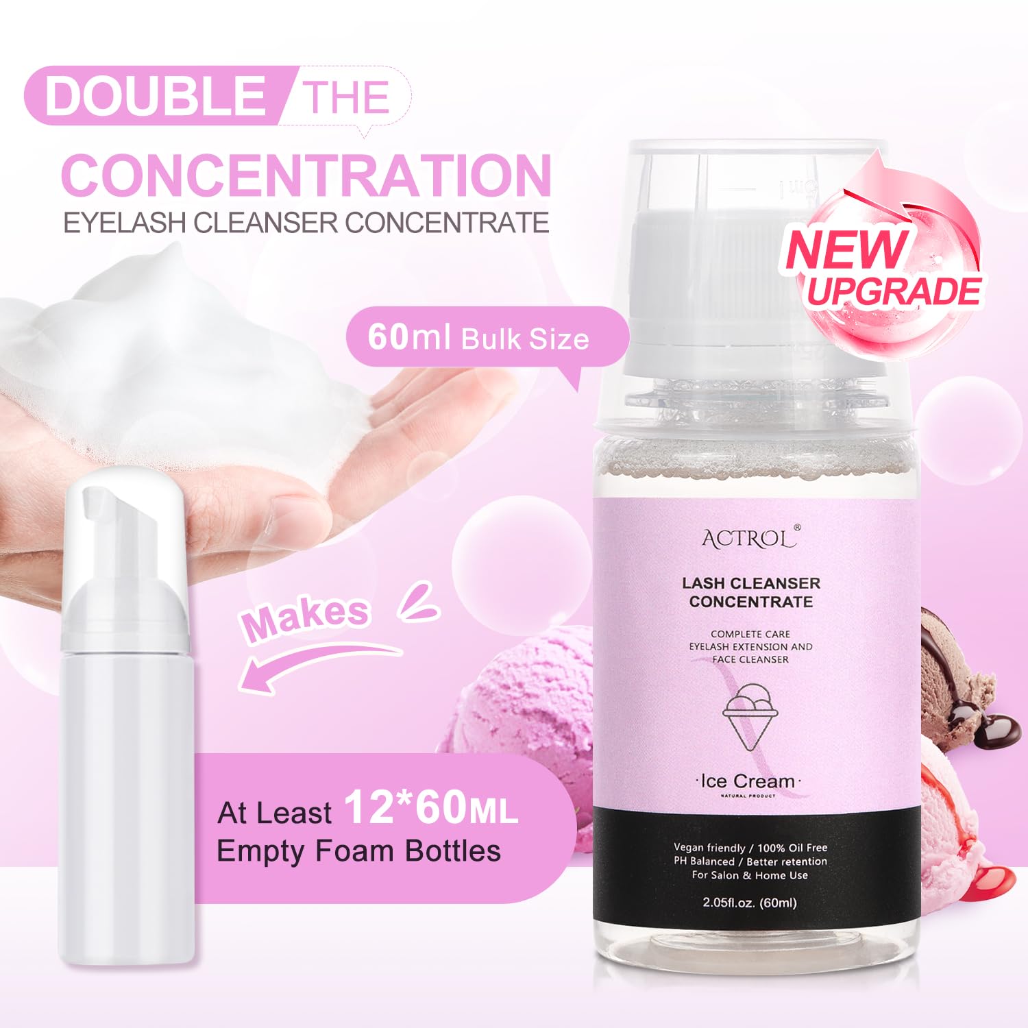 Eyelash Cleanser Concentrate 60ml Ice Cream Professional Lash Shampoo Foaming Cleanser DIY Paraben & Sulfate Free Non-lrritating Wash for Extensions Lashes with Salon Home Care-Makes 6 Bottles-Velvo Beauty