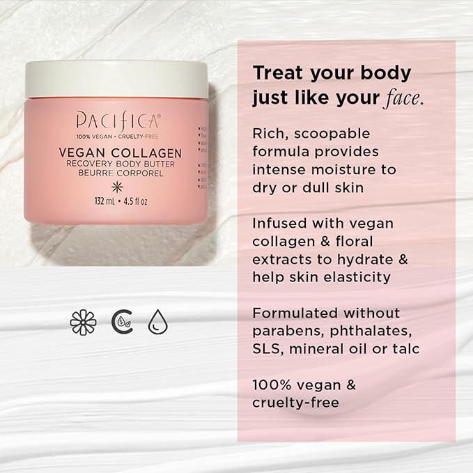Pacifica Beauty | Vegan Collagen Body Butter | Hydrating, Nourishing, Moisturizer | Long-Lasting Hydration | Cream Lotion for Dry Skin | Light Floral Scent | Paraben Free | Vegan + Cruelty Free-Velvo Beauty