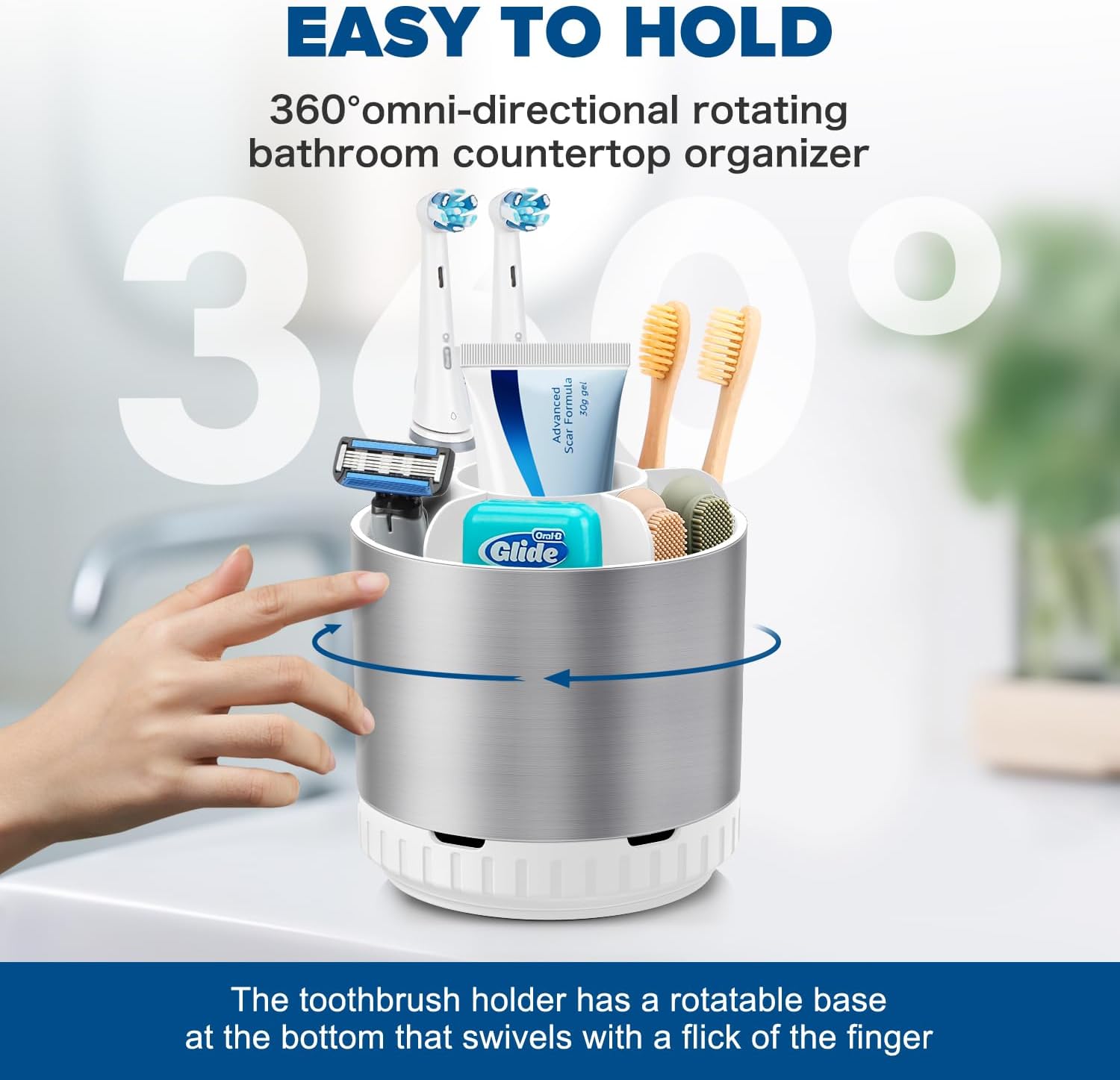 Silver Toothbrush Holders for Bathrooms Countertop Organizer - Kids Electric Toothbrush and Toothpaste Holder Rotating Tooth Brush Organization Bathroom Sink Accessories Storage Caddy-Velvo Beauty