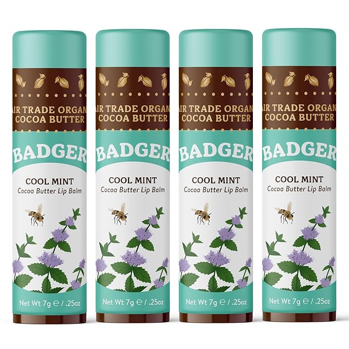 Badger - Cocoa Butter Lip Balm, Cool Mint, Certified Organic Lip Balm, Fair Trade, Lip Butter, Lip Balm Cocoa Butter, Cocoa Care Lip Balm, 0.25 oz (4 Pack)-Velvo Beauty