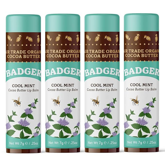Badger - Cocoa Butter Lip Balm, Cool Mint, Certified Organic Lip Balm, Fair Trade, Lip Butter, Lip Balm Cocoa Butter, Cocoa Care Lip Balm, 0.25 oz (4 Pack)-Velvo Beauty