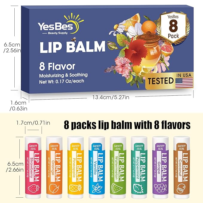 Lip Balm, 8 Pack Natural Bulk with Vitamin E & Coconut Oil, Moisturizing Dry Cracked Lips Protection, 8 Flavors - Stocking Stuffers-Velvo Beauty