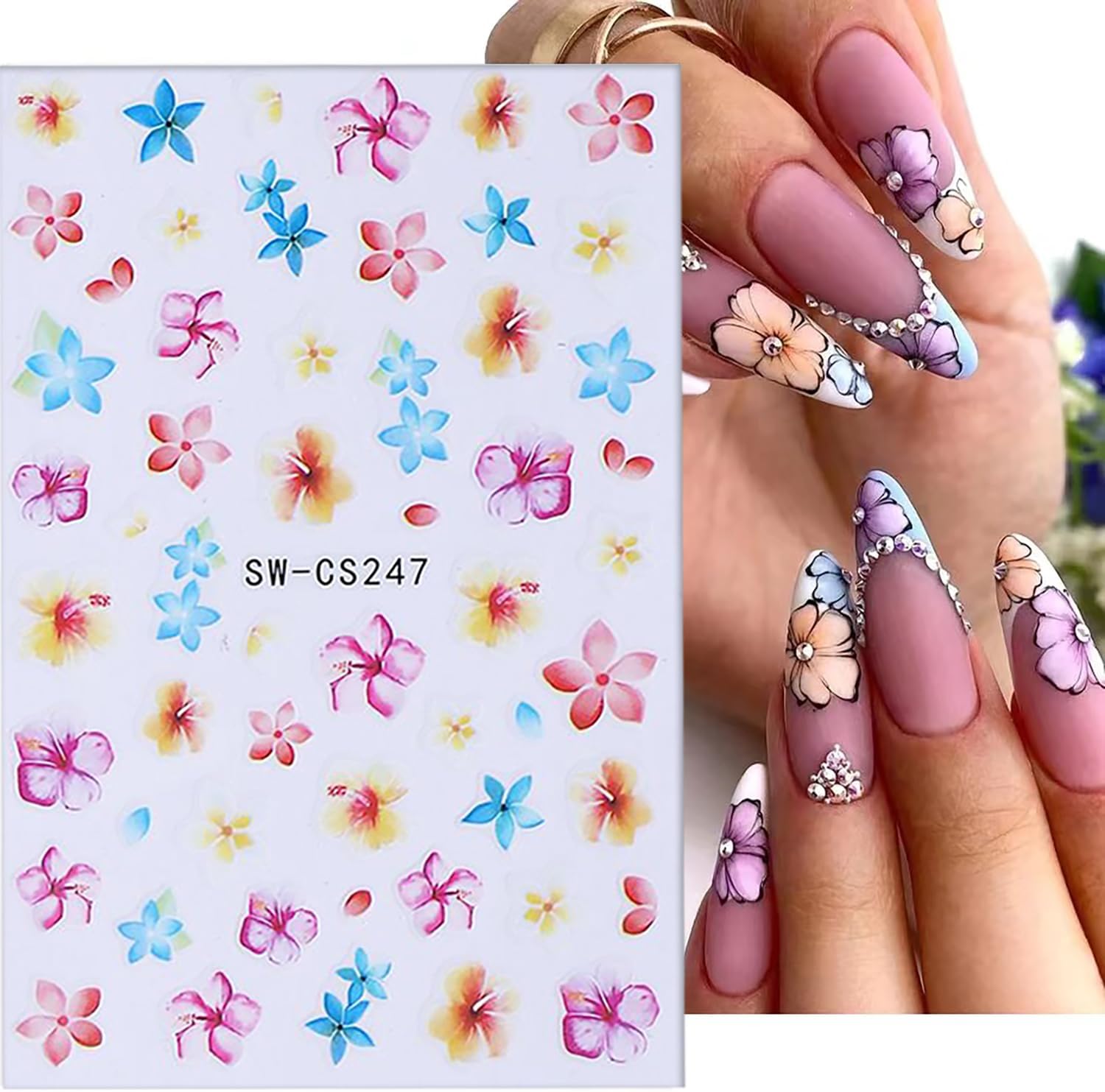 6 Sheets Flower Nail Art Stickers 3D Self-Adhesive Spring Summer Nail Sticker Butterfly Nails Art Decals Holographic Floral Nails Decal Decoration for Women Blossom Manicure DIY Nail Supplies-Velvo Beauty