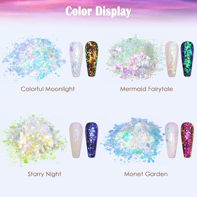 Laza Starry Night Chameleon Flakes Nail Glitter Irregular Opal Nail Foil Flakes Chunky Confetti Color-Shift Sequins Iridescent Fairy Dust for Mermaid Nails Design, Nail Decorations for Nail Art-Velvo Beauty
