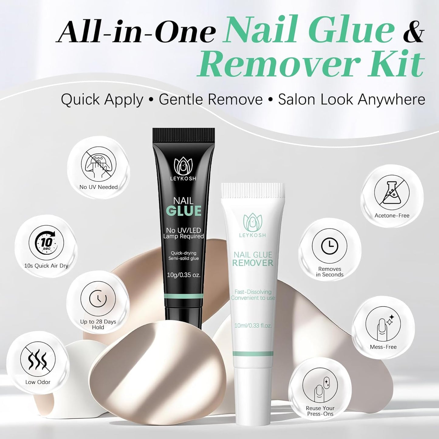 Nail Glue & Nail Glue Remover for Press On Nails, 10g Semi Sold Glue No Curing Needed, 10ml Gentle Quick Remove Not for Gel Polish Base Coat, Upgraded Long Lasting 28+ Days Fake Acrylic Tips-Velvo Beauty