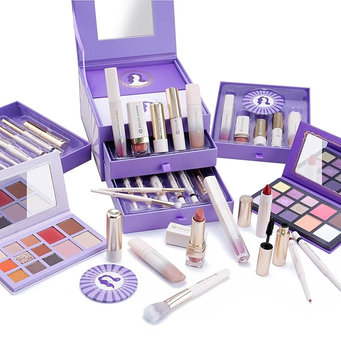 Color Nymph Beginner Makeup Set for Teens, Full Kit Girls Makeup Kits with Exquisite Purple Box Teen Girls Makeup Kit Non-Toxic Includes Eyeshadow Palettes Mascara Lipstick Makeup Set Brushes Kit etc-Velvo Beauty
