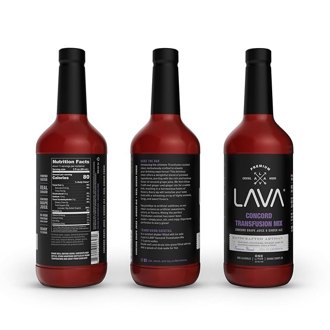 (3 Pack) LAVA Premium Concord Transfusion Mix made with concord grape juice, real ginger, ginger ale, no artificial sweeteners, 1-Liter (33.8oz) Glass Bottle, Ready to Use.-Velvo Beauty