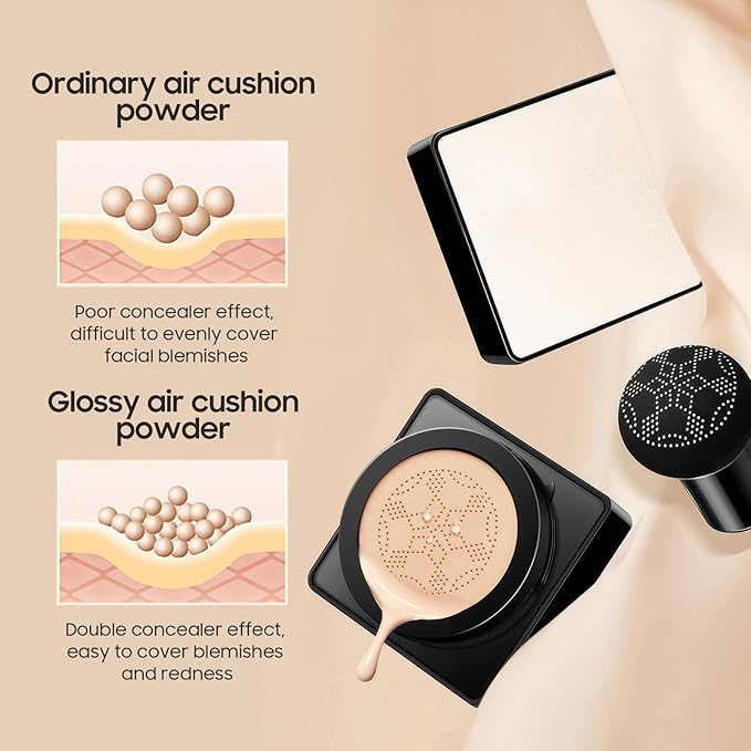 Air Cushion CC Cream Mushroom Head - Moisturizing & Oil Control Screw Lid Concealer Makeup Base, Primer Liquid Foundation Long Lasting with Mushroom Makeup Sponges for All Skin Types (Natural)-Velvo Beauty