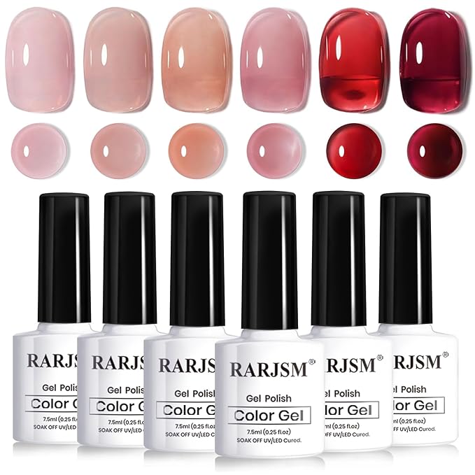 RARJSM Nude Jelly Gel Nail Polish Set 6pcs Clear Crytal Glass Pale Gray Pink Cherry Red Series Transparent Sheer Amber Milky Gel Varnish LED UV Curing Requires Soak off French Manicure Home Salon-Velvo Beauty