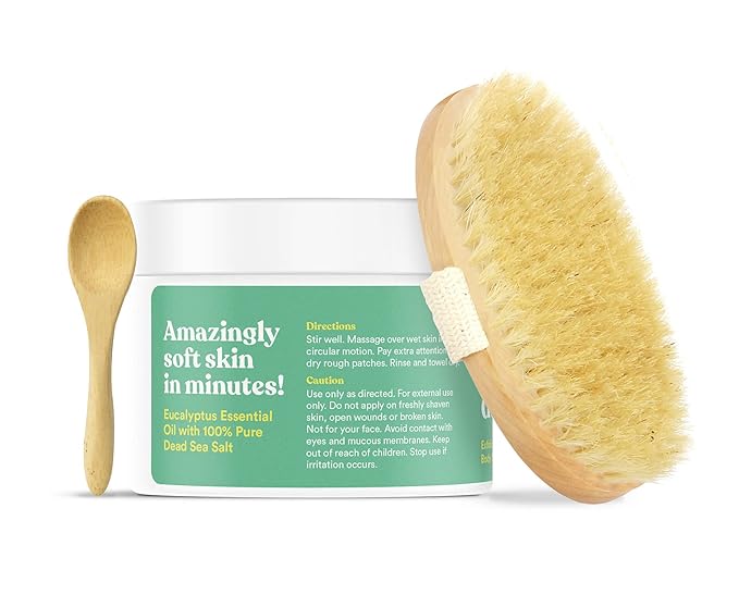 ASUTRA Dead Sea Salt Essential Oil Body Scrub Exfoliator and Dry Brush Bundle (Invigorating Eucalyptus), 16 oz - Ultra Hydrating, Gentle, & Moisturizing - Coconut, Eucalyptus, and Marjoram Oils-Velvo Beauty