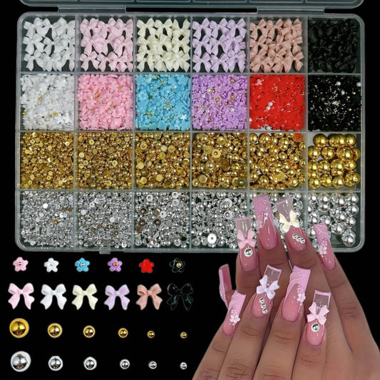 3D Bow Nail Charms Kit, Colorful Resin Flower Bowknot Nail Art, Mix Gold Silver Flatback Beads Charms for Manicure DIY Crafts Jewelry Accessories-Velvo Beauty