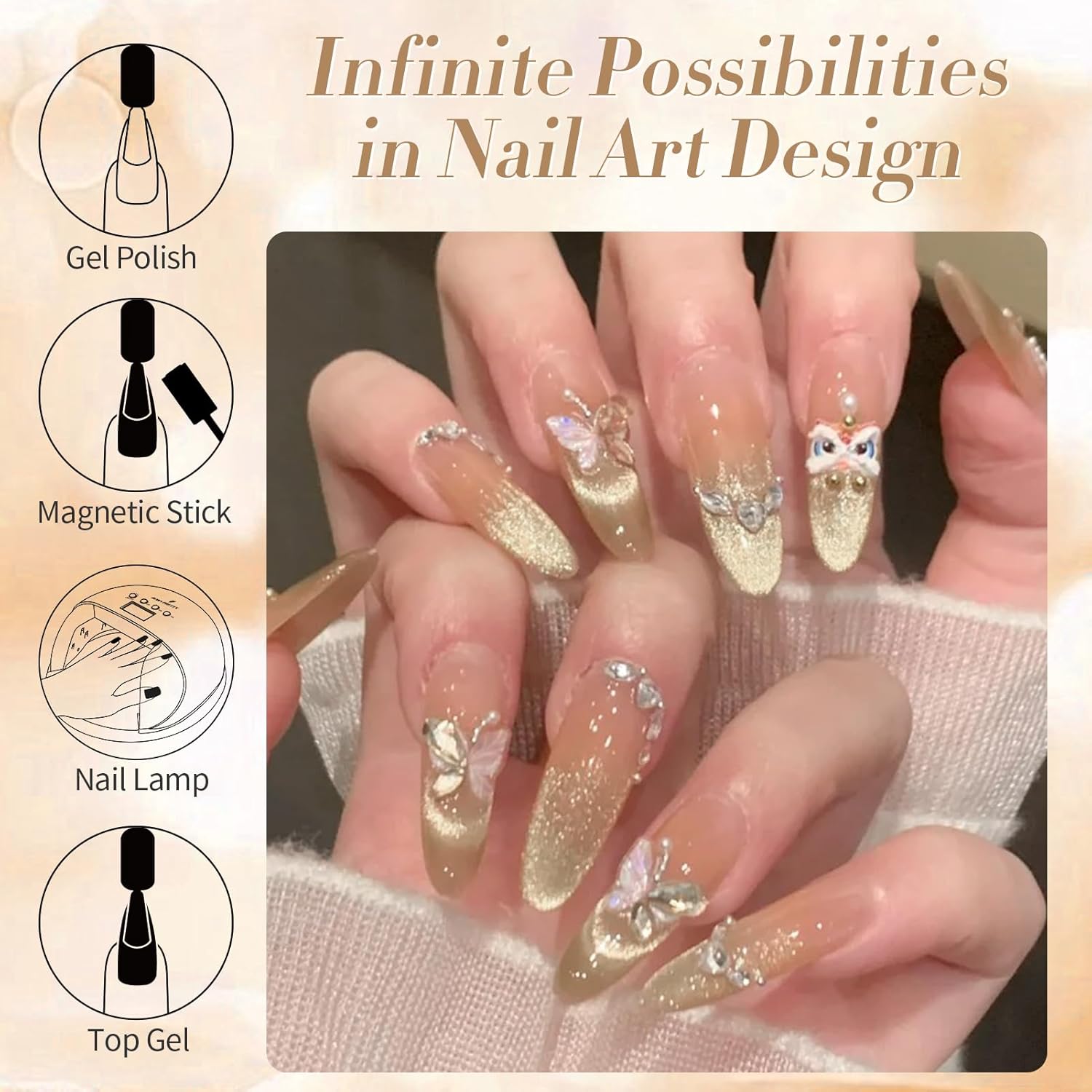 Born Pretty Cat Magnetic Eye Gel Nail Polish Champagne Gold Holographic Glitter Gel Polish Glass Magnetic Gel Nail Polish 15ML-Velvo Beauty