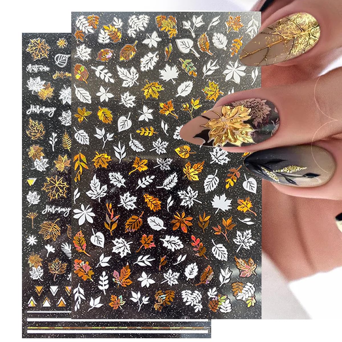 8 Sheets Fall Leaves Nail Art Stickers Gold Maple Leaf Self-Adhesive Nail Decals 3D Stickers Foil Autumn Maple Nail Designs Laser Shiny Manicure Tip Fall Nail Decorations for Thanksgiving Day Supplies-Velvo Beauty