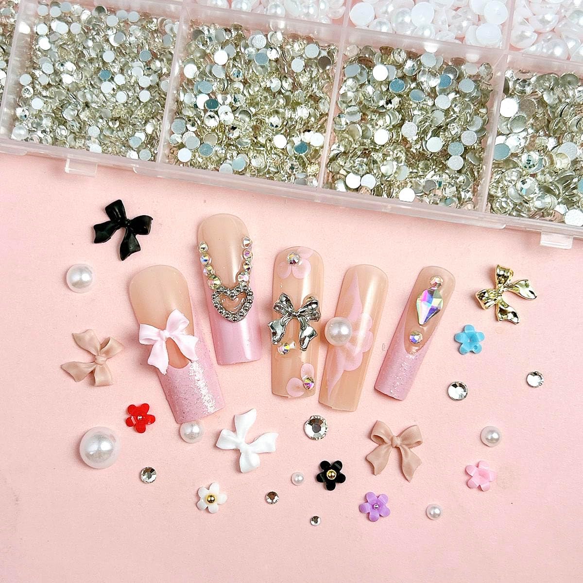 White Pearl Nail Charms and Gems, 3D Colorful Flower Kawaii Metal Bow Charms for Nail Art Rhinestone Nail for Manicure DIY Crafts Jewelry Accessories-Velvo Beauty