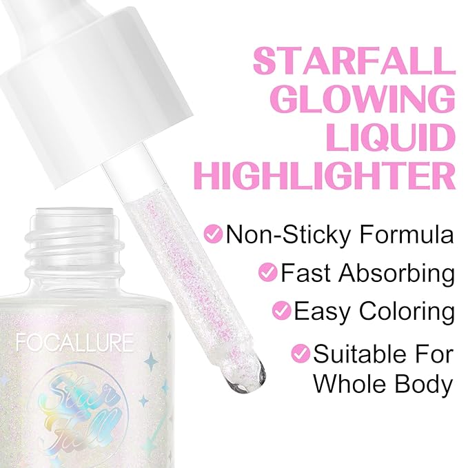 FOCALLURE Starfall Glowing Liquid Highlighter, Shimmering Body Oil, Non-Sticky Shimmer Liquid Luminizer, Non-Greasy, Face & Body Glitter Makeup for Costumes, Cosplay, Rave Festival, MADAMA BUTTERFLY-Velvo Beauty