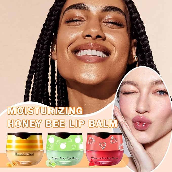 3PCS Bee Lip Balm Honey Pot Honey Watermelon Green Apple Lip Balm Lip Sleeping Mask Moisturizing Hydrating Bee Lip Balm Lip Care Products for All Skin Types (Honey Watermelon Green Apple)-Velvo Beauty