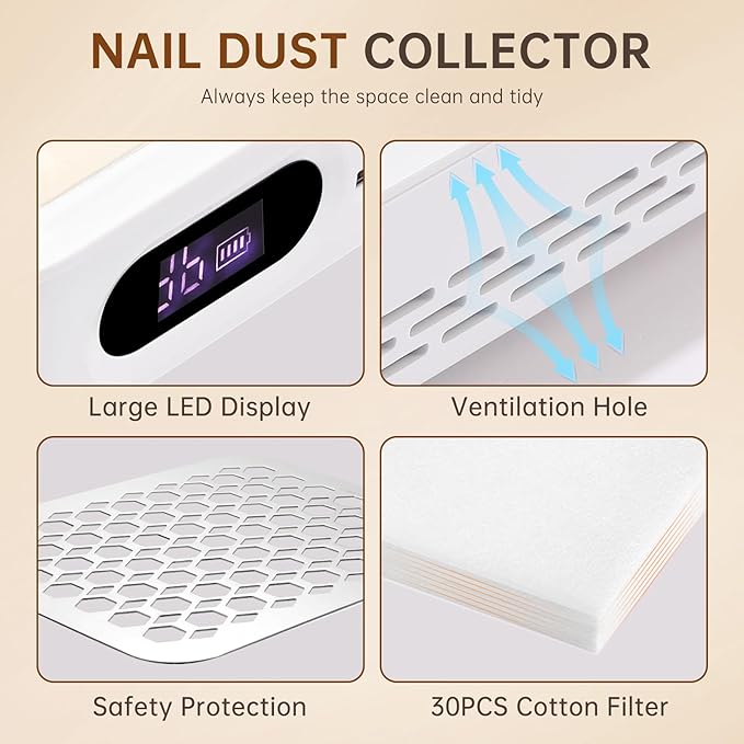 Nail Dust Collector, Rechargeable Dust Collector Nail Tech, Powerful Vacuum Fan Vent Dust Collector Extractor Dust Suction Machine for Acrylic Nails Polishing, Nail Salon&Home-Velvo Beauty