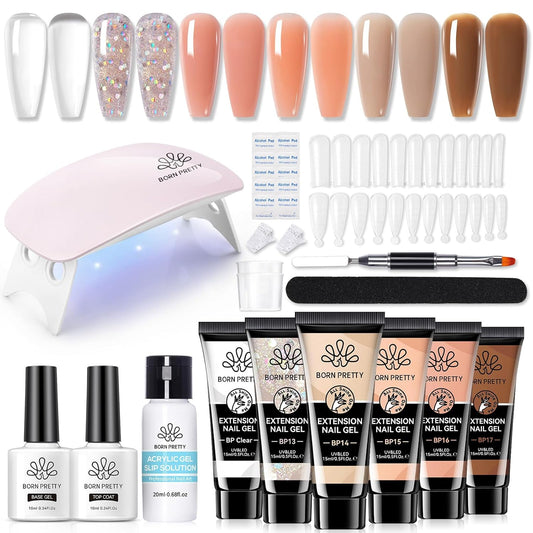 BORN PRETTY Extension Nail Gel Kit-6 Colors Gel Kit Nude Clear Jelly All-In-1 Set Builder Glue with U V Lamp Base Top Coat Set Forms French Manicure Set for Beginner-Velvo Beauty