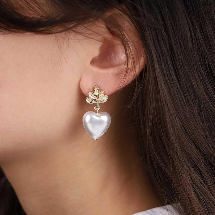 Vintage Pearl Heart Dangle Earrings Heart Pearl Drop Earrings Gold Leaf Stud Earrings Heart Love Earrings Jewelry for Women-Velvo Beauty