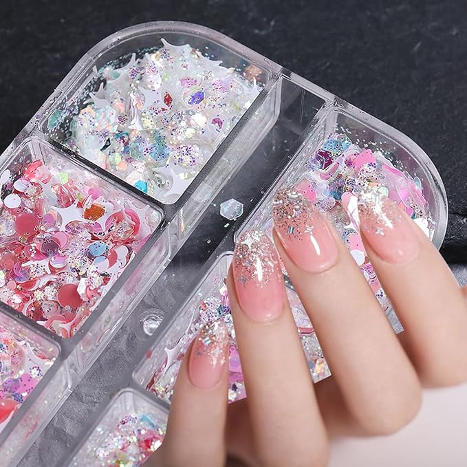 12 Grids Star Nail Art Glitter Sequins Heart Shaped Mermaid Nail Sequins Holographic Mermaid Nail Flakes Sticker Sequin Heart Nail Art Glitter for Women DIY Acrylic Nail Decoration-Velvo Beauty