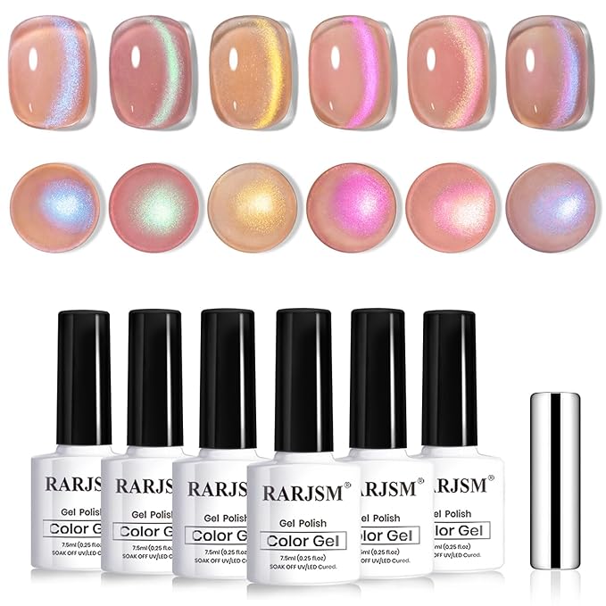 RARJSM Aurora Glitter Cat Eye Gel Nail Polish Set 6Pcs Nude Pink Light Purple Gold Brown Green Blue Galaxy Mermaid Glitter Cateye Gel Polish with Magnetic Stick UV LED Curing Require Home Salon-Velvo Beauty