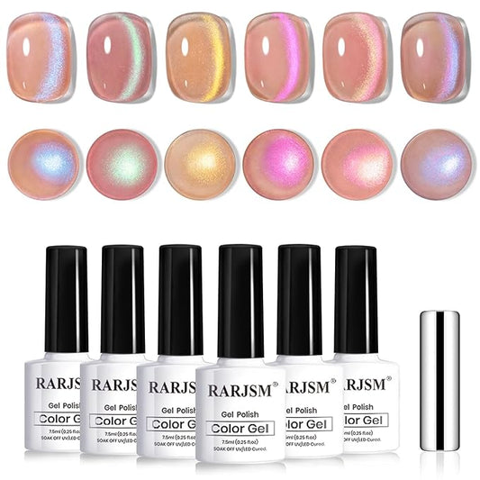 RARJSM Aurora Glitter Cat Eye Gel Nail Polish Set 6Pcs Nude Pink Light Purple Gold Brown Green Blue Galaxy Mermaid Glitter Cateye Gel Polish with Magnetic Stick UV LED Curing Require Home Salon-Velvo Beauty