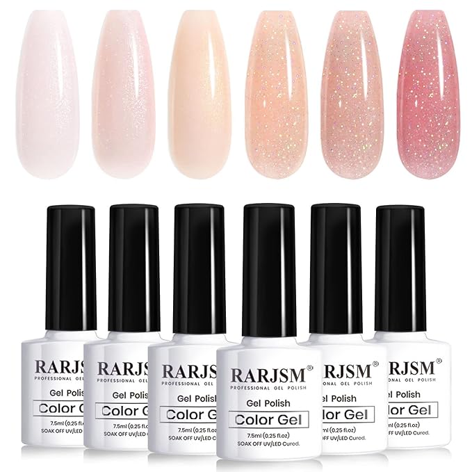 RARJSM Glitter Gel Nail Polish Nude Gel Polish 6pcs Set Shimmery Jelly Nail Gel Polish Iridescent Sparkly Pale Pink Purple Apricot Beige Translucent Natural Skin Tone Color 7.5ml Soak off UV LED Cured-Velvo Beauty