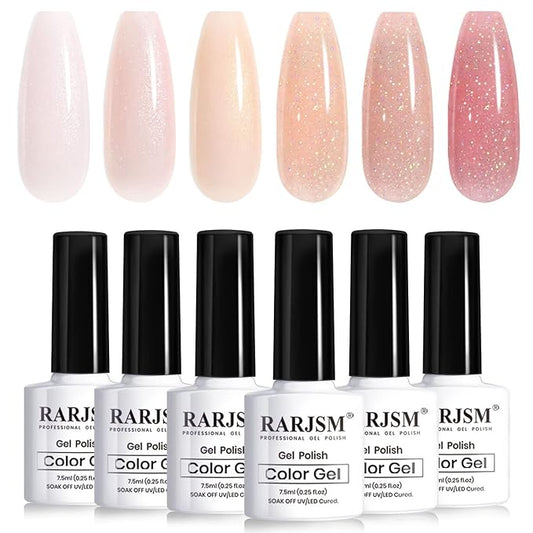 RARJSM Glitter Gel Nail Polish Nude Gel Polish 6pcs Set Shimmery Jelly Nail Gel Polish Iridescent Sparkly Pale Pink Purple Apricot Beige Translucent Natural Skin Tone Color 7.5ml Soak off UV LED Cured-Velvo Beauty